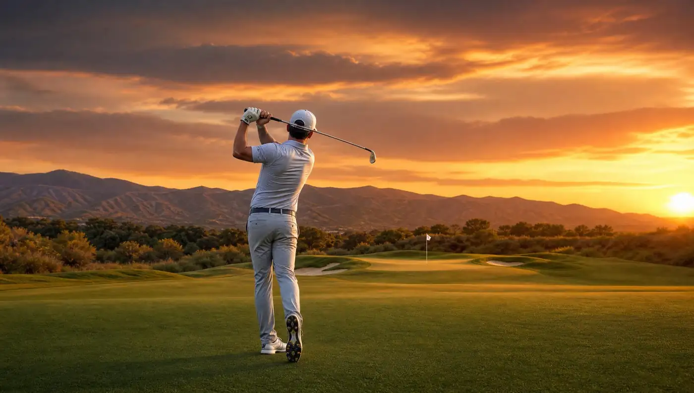 Championship golf course at golden hour